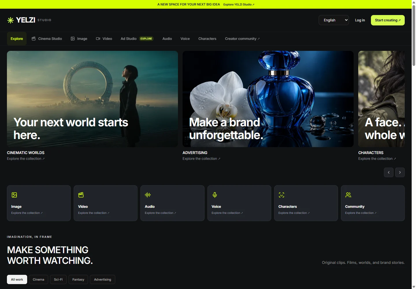 YELZI Studio concept website with image, video, audio and character categories