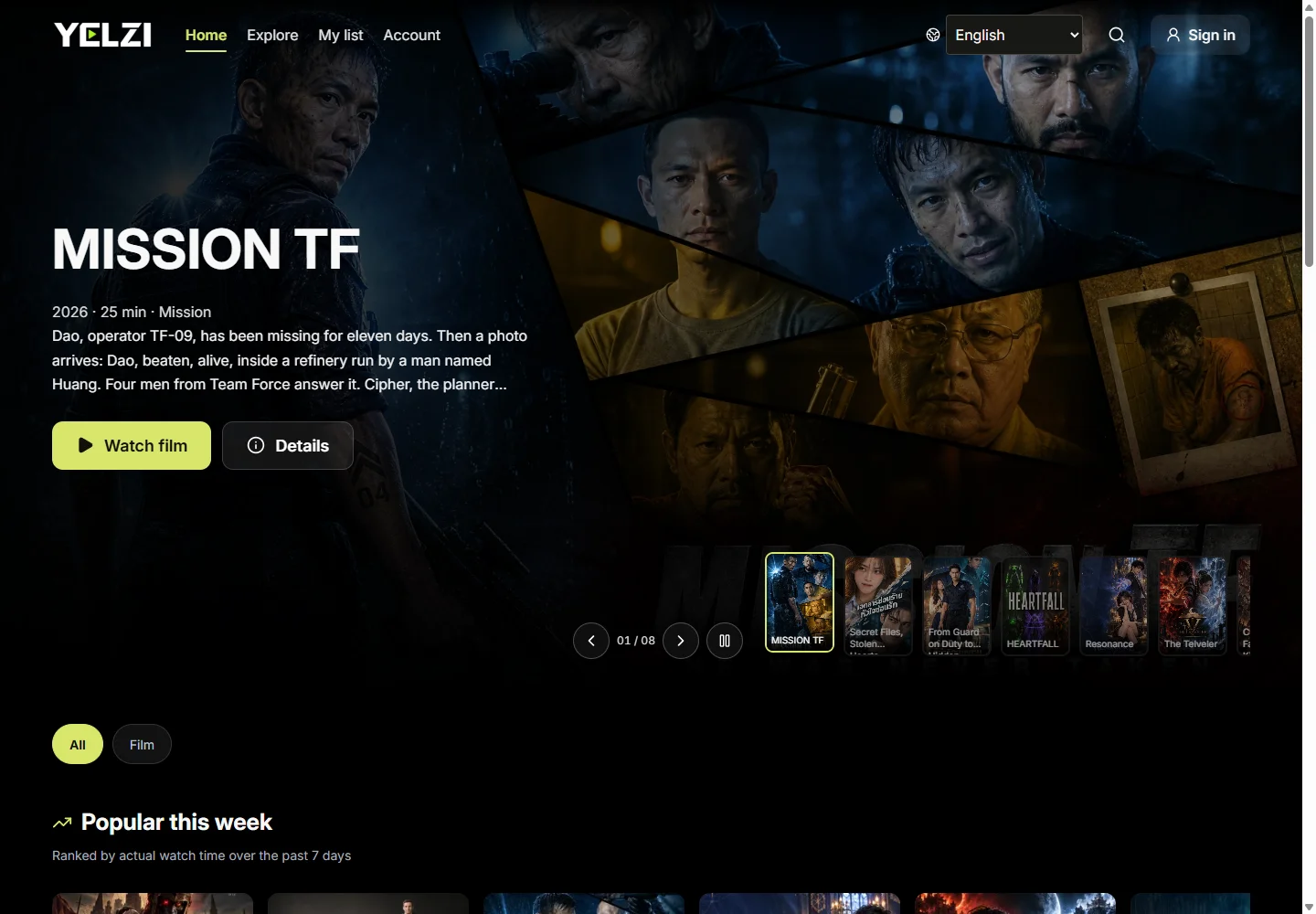 YELZI website showing its film and series collection